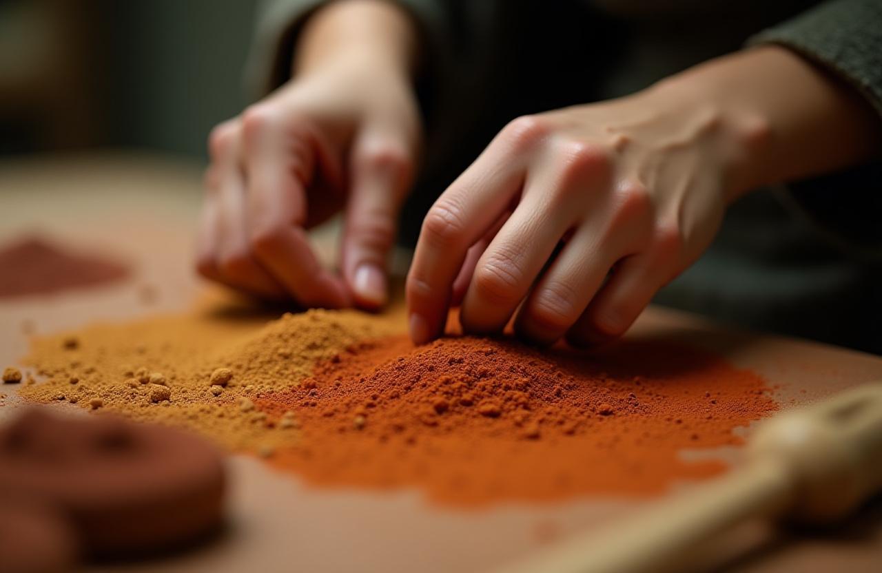 職人の手による天然顔料の作業